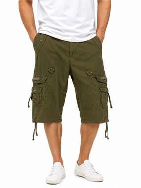 Mens Army Green Cargo Shorts S: 38 Cotton Utility Military Y2K Style Drawstring